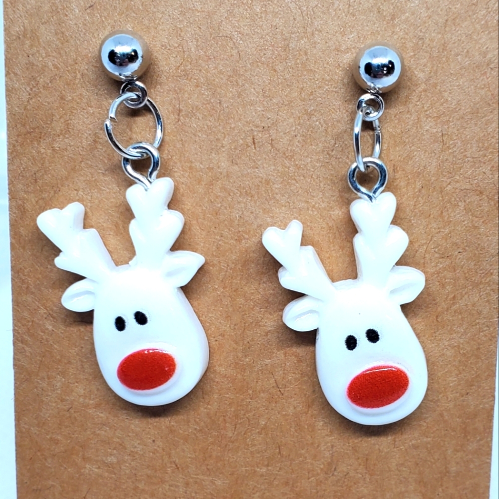7/$10 Christmas White Reindeer Earrings, New